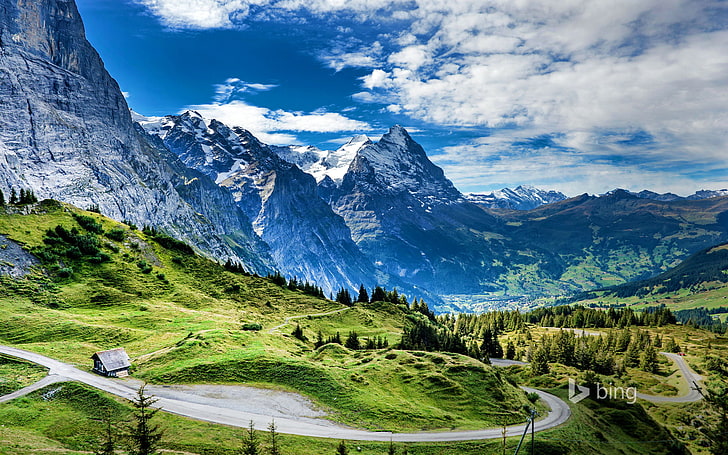 mountain valley, road, mountains, house, Switzerland, the pass Grosse Scheidegg