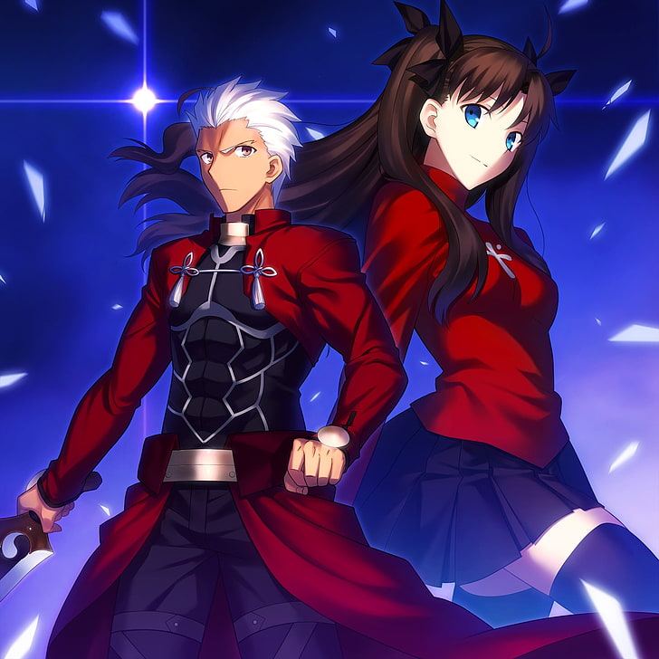 two female and male character posters, Fate Series, Tohsaka Rin