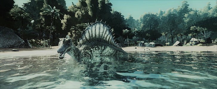 Video Game, ARK: Survival Evolved, Dinosaur, water, tree, animal, HD wallpaper