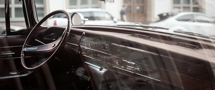 black steering wheel, car, car interior, Vintage car, mode of transportation