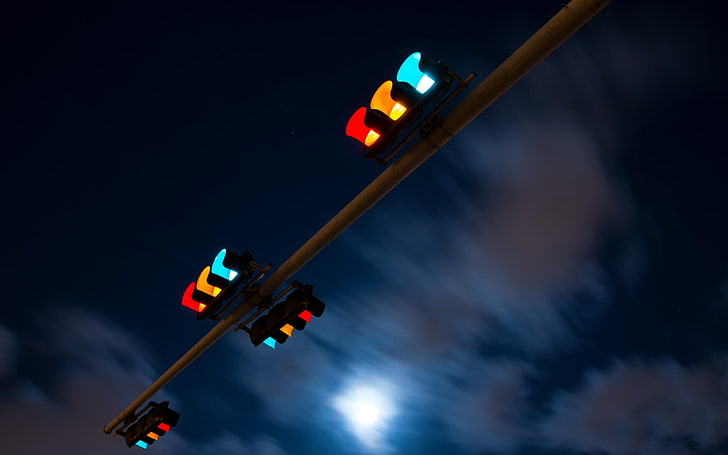 four assorted-color traffic lights, night, city, road signal, HD wallpaper