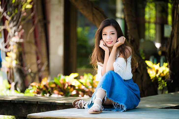 Asian, women, long eyelashes, sitting, depth of field, long skirt, HD wallpaper