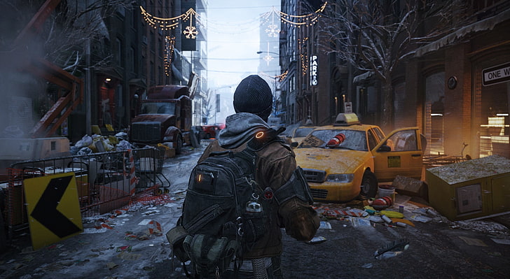 Tom Clancy's The Division New York City..., character wearing jacket standing between building illustration
