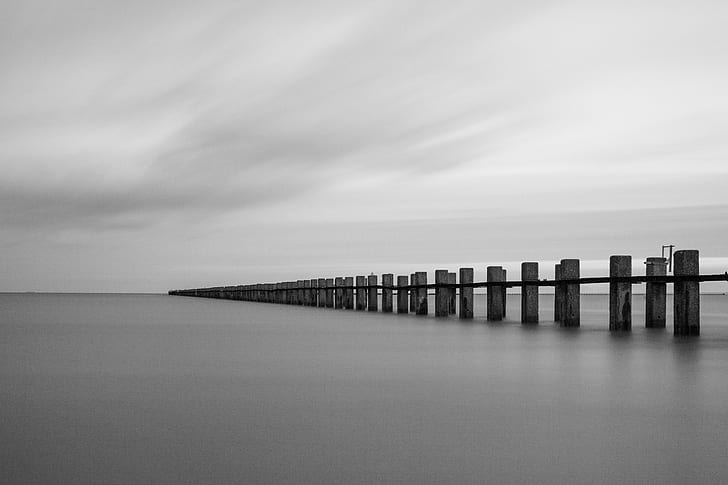 gray sea dock, look back, Out to Sea, East Beach, pier, water, HD wallpaper