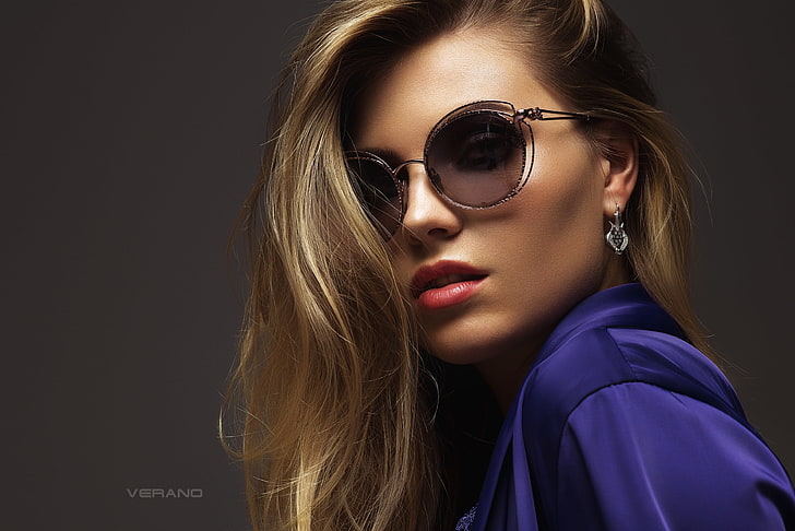 women, model, face, simple background, women with glasses, blonde