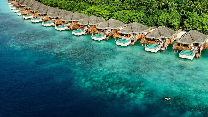 Grand Park Kodhipparu Dusit Thani Maldives Water Bungalows Villas With Swimming Pool Aerial View 1920×1080, HD wallpaper
