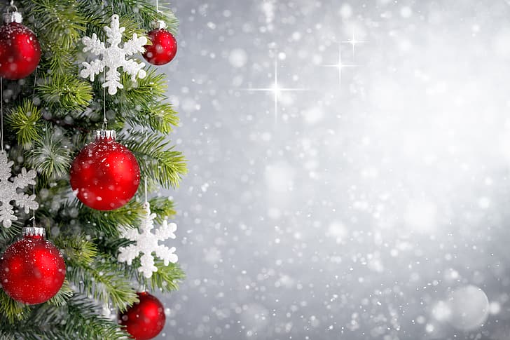 decoration, snowflakes, balls, tree, New Year, Christmas, happy, HD wallpaper