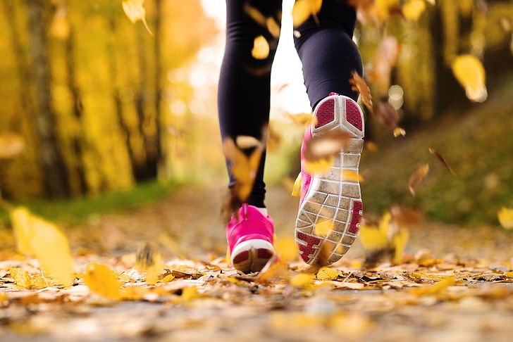 pink-and-white running shoes, autumn, leaves, girl, macro, trees