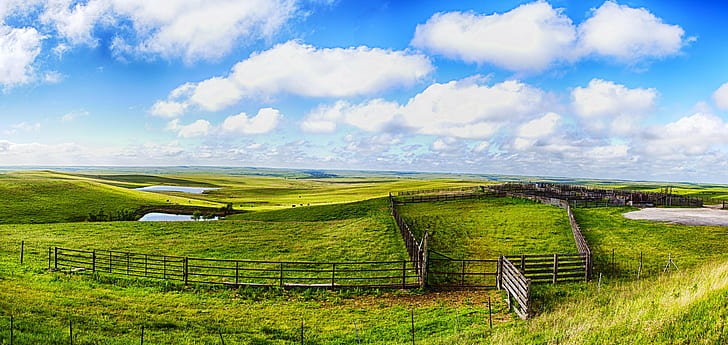 green grass field under white clouds and blue sky during daytime, flint hills, flint hills, HD wallpaper