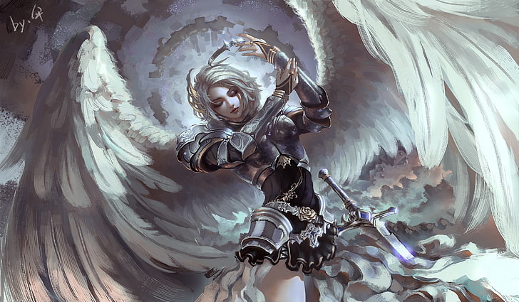 angel with sword illustration, fantasy art, armor, wings, gray