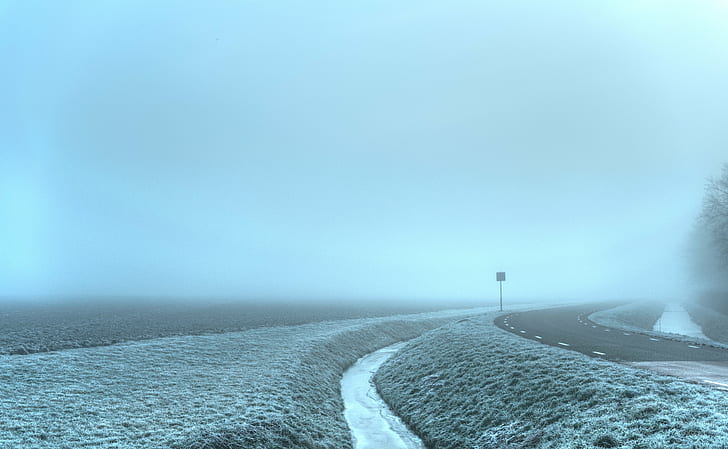 empty road beside body of water during cloudy sky, sign, sky  's, HD wallpaper