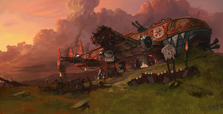 Warhammer 40,000, orks, wreck, ruin, aircraft HD wallpaper