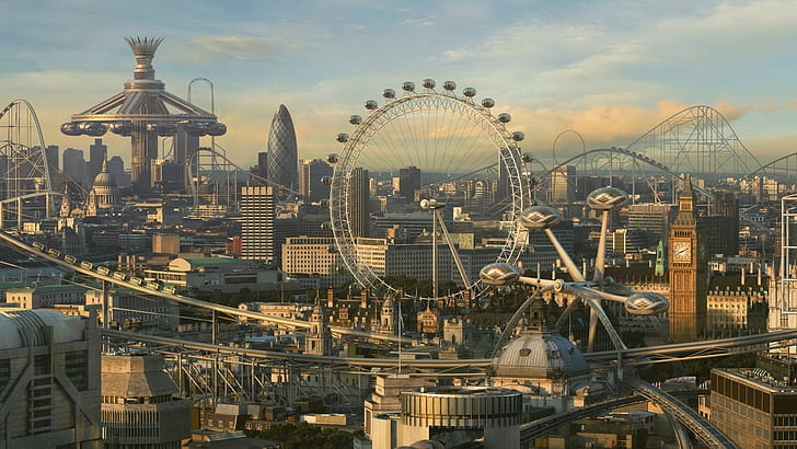 theme parks, London, ferris wheel, CGI, digital art, cityscape, HD wallpaper