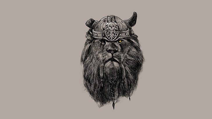 gray lion head illustration, look, Leo, mane, horns, helmet, braids, HD wallpaper