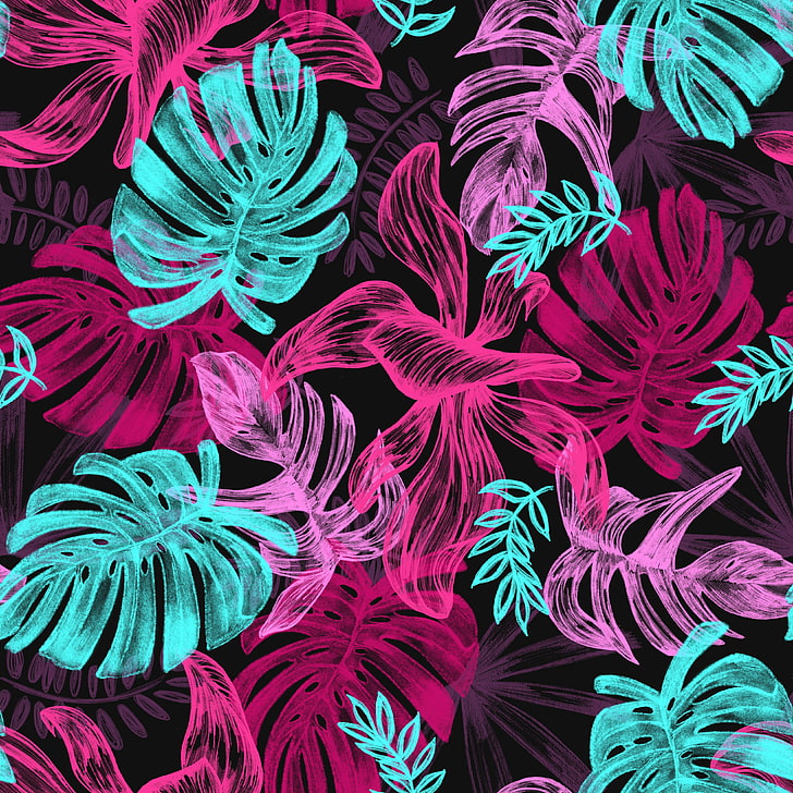 pink and teal swiss cheese plant digital wallpaper, leaves, art