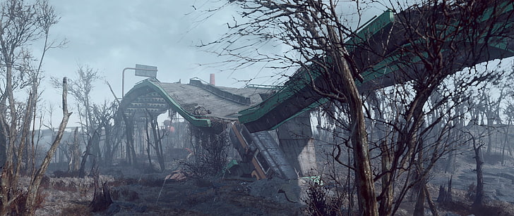 broken green bridge illustration, video games, Fallout 4, tree