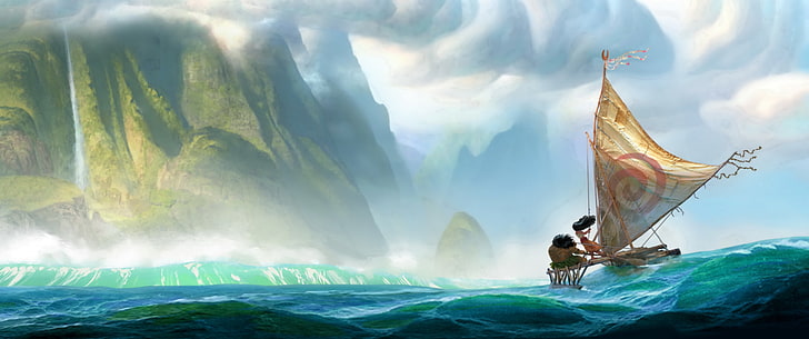 sailing boat illustration, Moana, landscape, sea, fantasy art, HD wallpaper