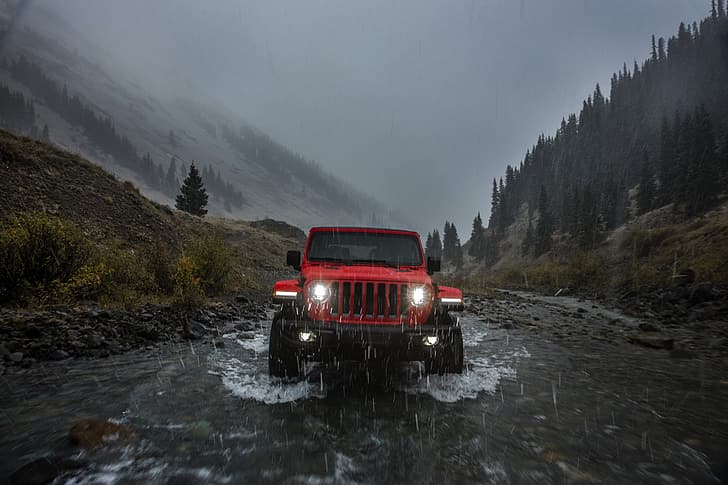 light, red, rain, front view, 2018, Jeep, Wrangler Rubicon, HD wallpaper