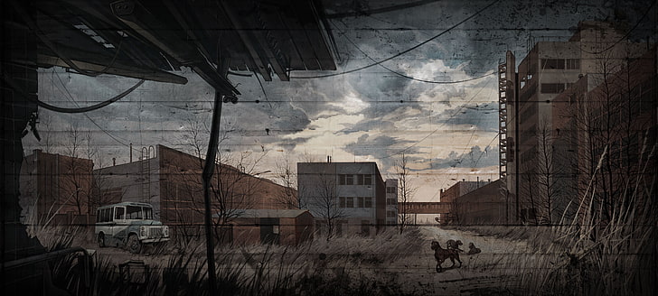 white building, dogs, figure, art, Stalker, blind dogs, S.T.A.L.K.E.R. Call of Pripyat, HD wallpaper