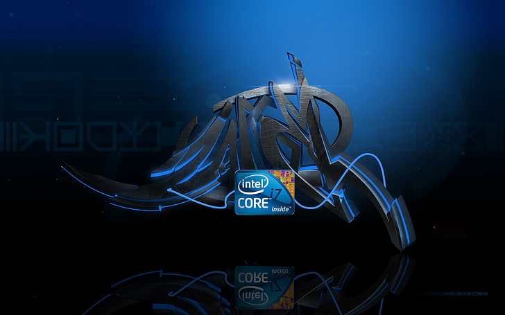 Intel Core i7 logo, processor, blue, black, lines, graffiti, backgrounds