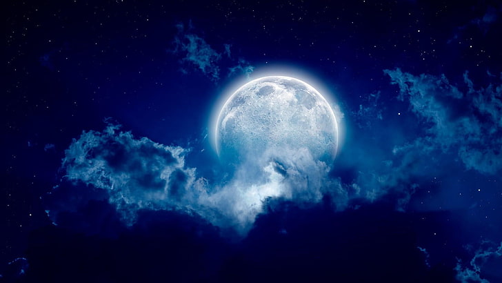 full moon, sky, night sky, stars, starry, starry night, cloud, HD wallpaper