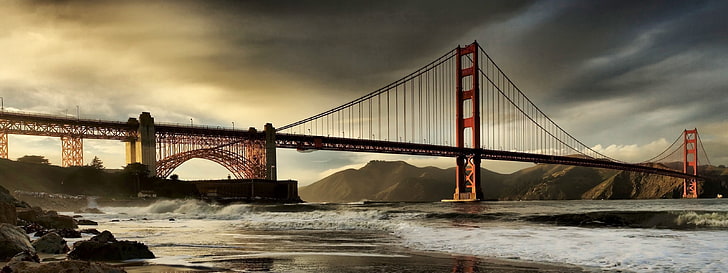 Golden Gate bridge, city, sky, evening, large, california, san Francisco County, HD wallpaper