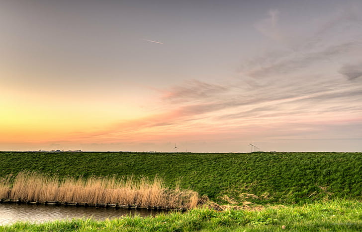 green grass field during sunset, Windmills, meeting, 35mm, D750, HD wallpaper