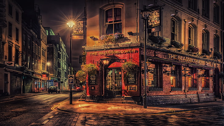 red and gray concrete building, city, night, London, pub, restaurant