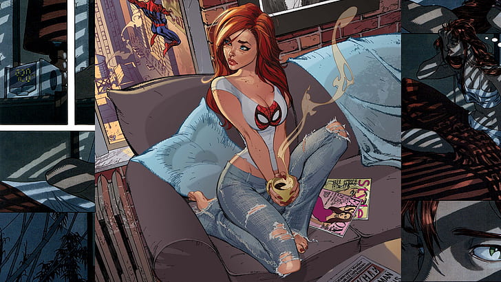 J. Scott Campbell, comics, cartoon, Spider-Man, redhead, cleavage, HD wallpaper