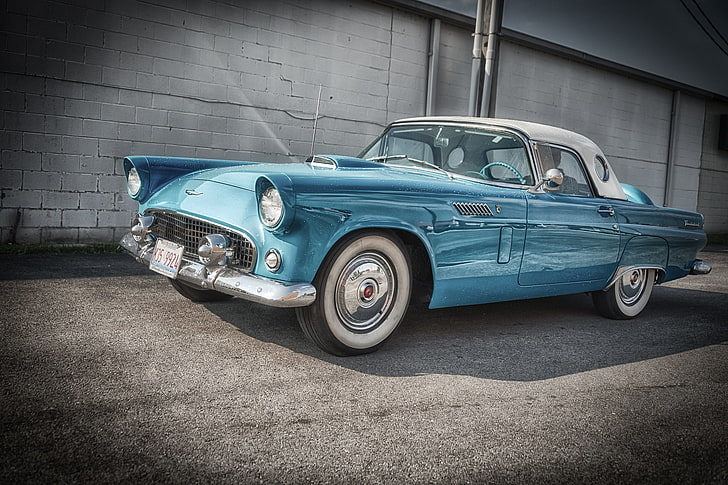 classic blue and white coupe, ford, thunderbird, 1956, side view, HD wallpaper