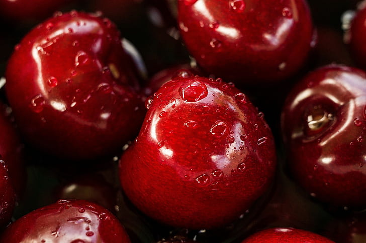 photography, fruit, water drops, red, cherries, cherries (food), HD wallpaper