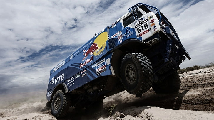 blue and white Red Bull monster truck, transport, car, Dakar Rally, HD wallpaper