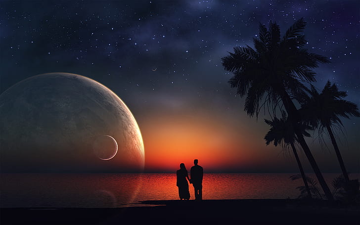 Couple, Stars, Moon, Lovers, Dream, HD wallpaper