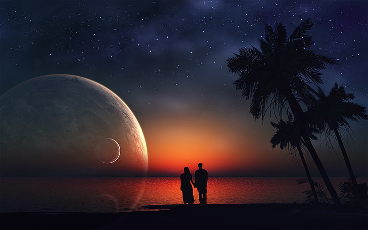 Lovers Dream, sky, silhouette, beauty in nature, night, star - space, HD wallpaper