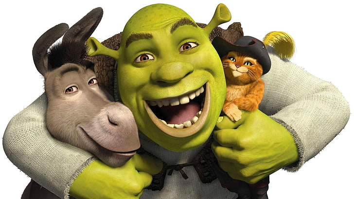 Shrek, Donkey, Puss, Cartoon, representation, white background, HD wallpaper
