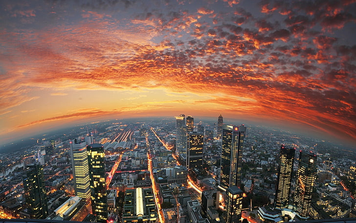 city buildings, cityscape, Frankfurt, Germany, sunset, colorful