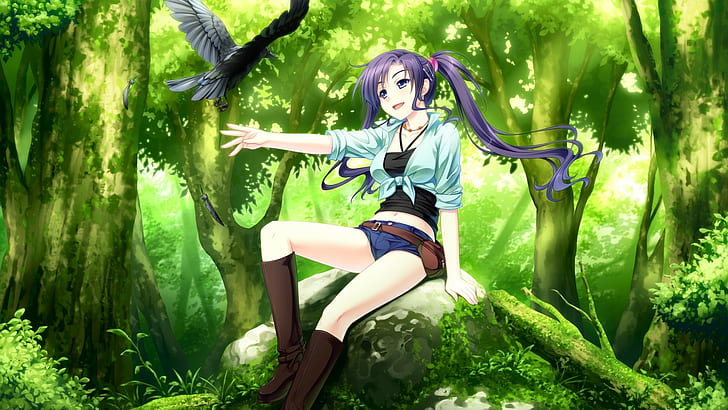 anime girls, crow, deep forest, jean shorts