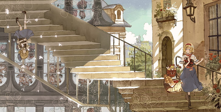 stairs, abstract, anime girls, Touhou, Alice Margatroid, architecture, HD wallpaper
