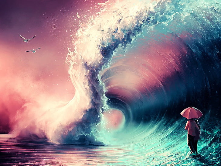 HD wallpaper: animated big surf wave wallpaper, drawing, sea, blue, pink, fantasy  art | Wallpaper Flare