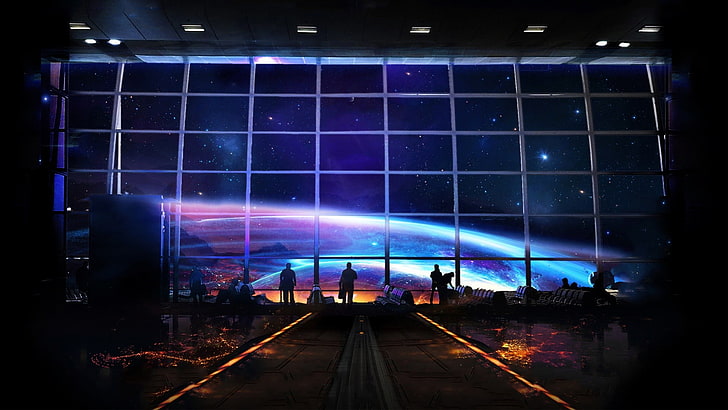 silhouette of people standing near glass window, space, universe