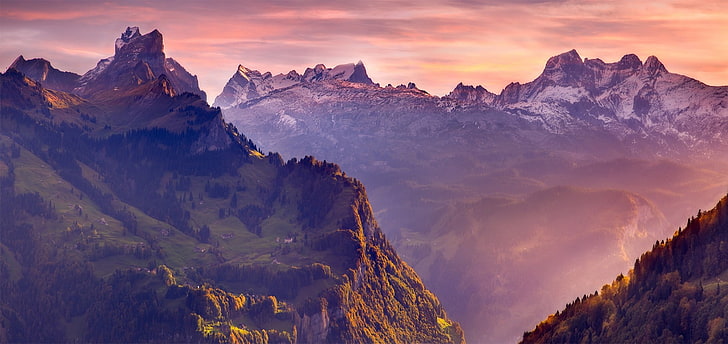 brown mountains, nature, landscape, Swiss Alps, snowy peak, forest, HD wallpaper