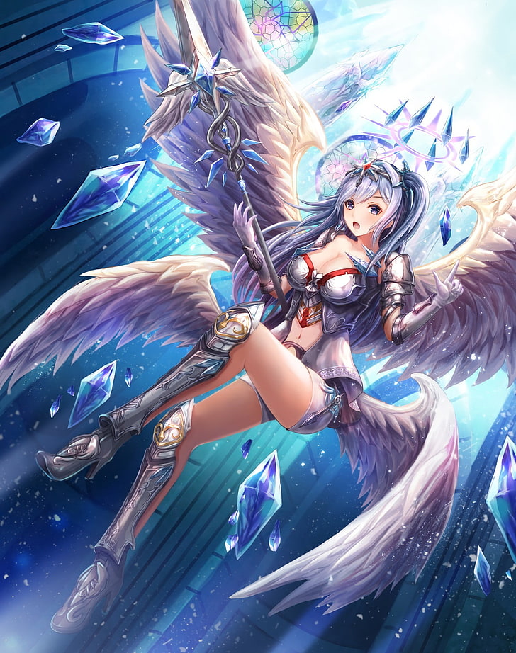 anime, anime girls, armor, wings, long hair, weapon, angel