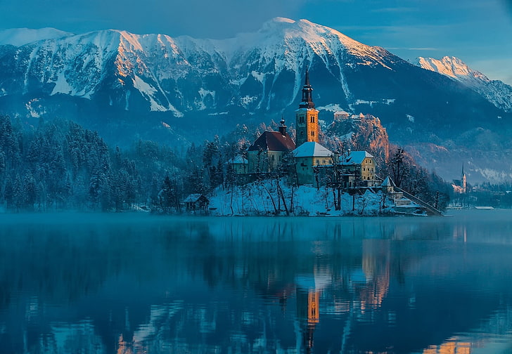 green gree, slovenia, church, lake, mountain, nature, european Alps, HD wallpaper