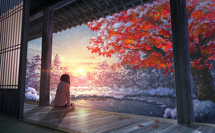 anime, anime girls, artwork, tree, one person, rear view, nature, HD wallpaper