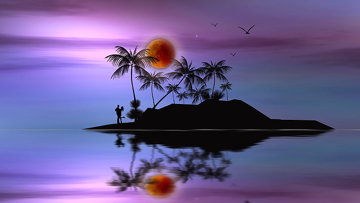 couple, uninhabited island, sunset, purple sky, silhouette, HD wallpaper