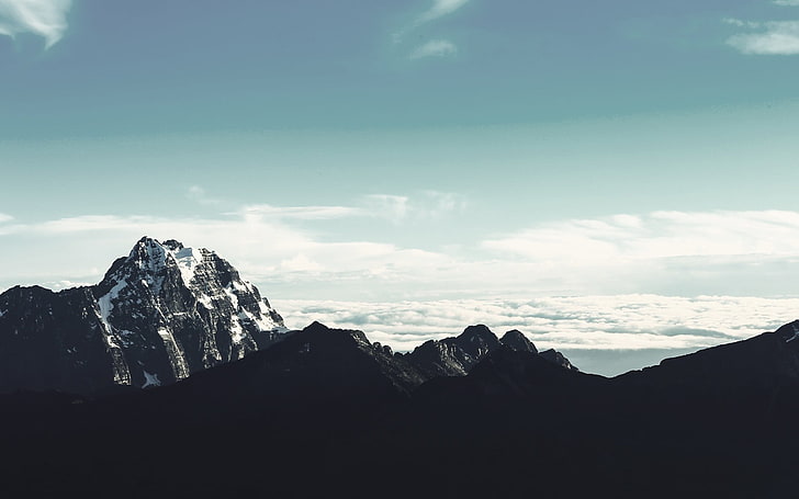 black mountain range, mountains, low saturation, snowy peak, skyscape, HD wallpaper