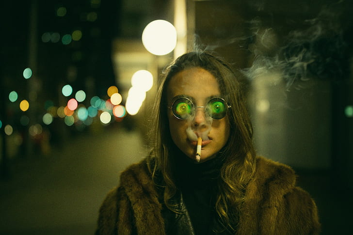 women, model, hologram glasses, smoking, cigarettes, street