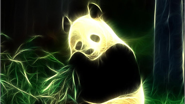 panda, light, neon, digital art, fictional character, darkness, HD wallpaper
