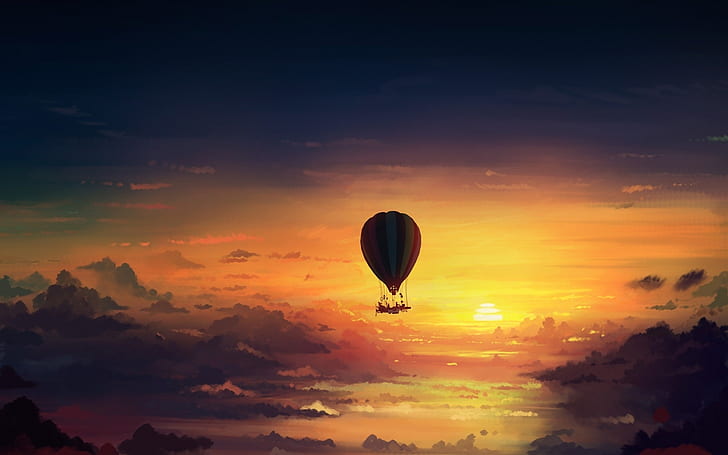 Sunset sky, hot air balloon, art design