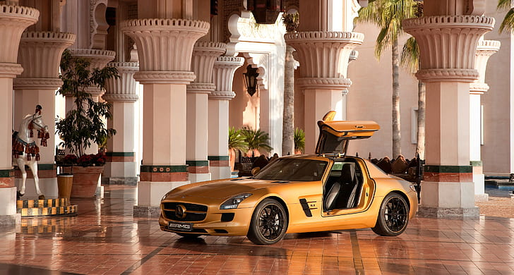 car, sports car, Mercedes-Benz, Mercedes SLS, Dubai, horse, HD wallpaper